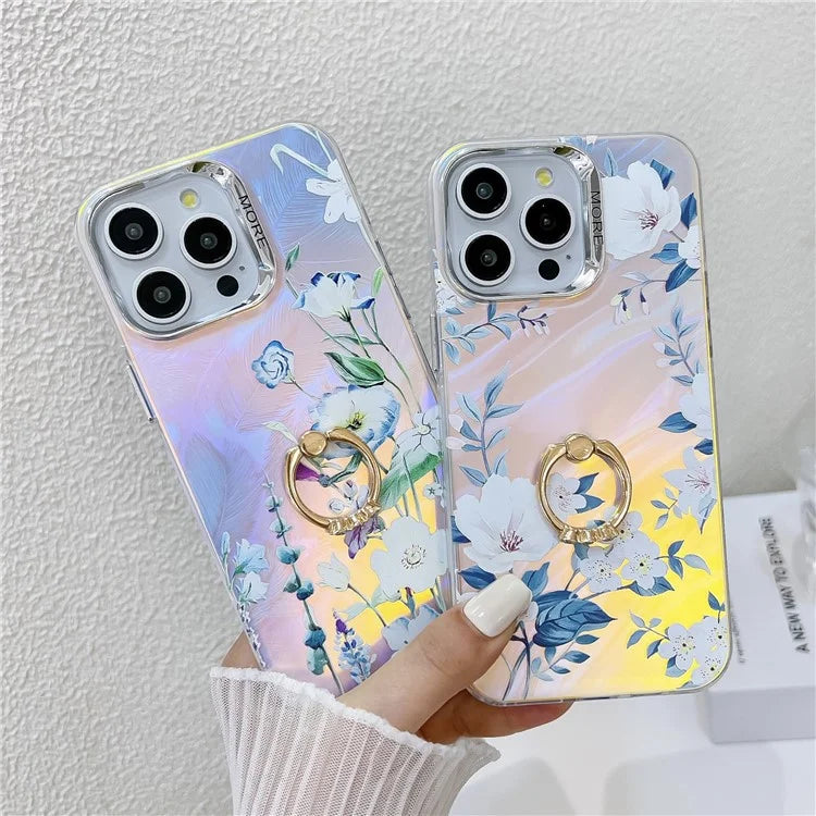 For iPhone 15 Pro Max Case Flower Pattern Laser Texture Phone Back Cover with Ring Kickstand