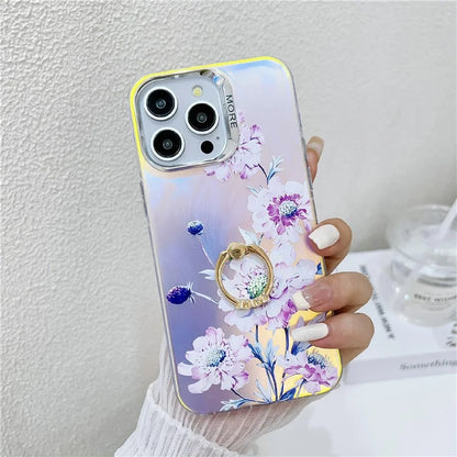For iPhone 15 Pro Max Case Flower Pattern Laser Texture Phone Back Cover with Ring Kickstand