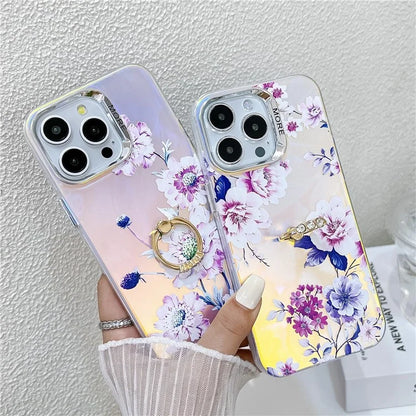 For iPhone 15 Pro Max Case Flower Pattern Laser Texture Phone Back Cover with Ring Kickstand