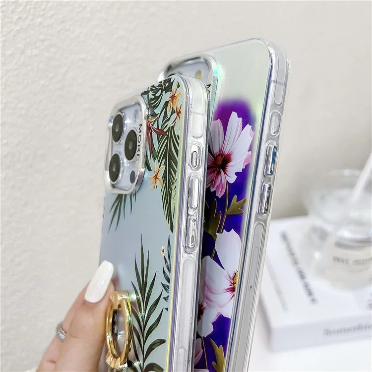 For iPhone 15 Pro Max Case Flower Pattern Laser Texture Phone Back Cover with Ring Kickstand