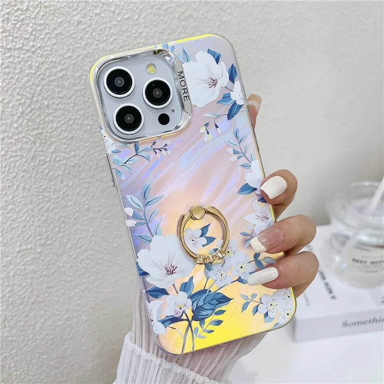 For iPhone 15 Pro Max Case Flower Pattern Laser Texture Phone Back Cover with Ring Kickstand0
