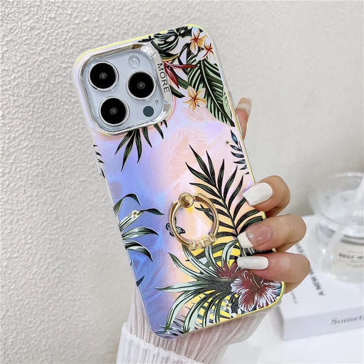 For iPhone 15 Pro Max Case Flower Pattern Laser Texture Phone Back Cover with Ring Kickstand2