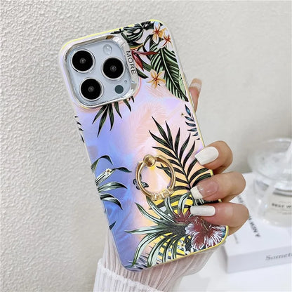 For iPhone 15 Pro Max Case Flower Pattern Laser Texture Phone Back Cover with Ring Kickstand2