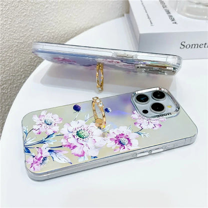 For iPhone 15 Pro Max Case Flower Pattern Laser Texture Phone Back Cover with Ring Kickstand2