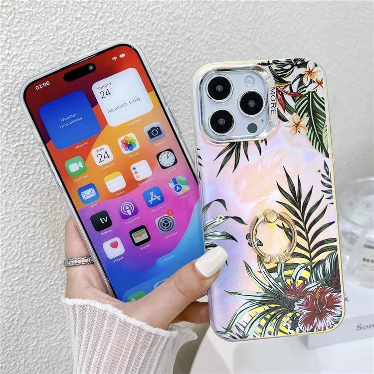 For iPhone 15 Pro Max Case Flower Pattern Laser Texture Phone Back Cover with Ring Kickstand2