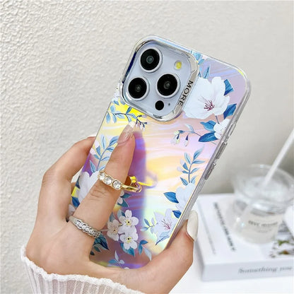 For iPhone 15 Pro Max Case Flower Pattern Laser Texture Phone Back Cover with Ring Kickstand2