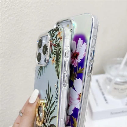 For iPhone 15 Pro Max Case Flower Pattern Laser Texture Phone Back Cover with Ring Kickstand2