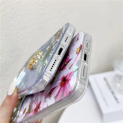 For iPhone 15 Pro Max Case Flower Pattern Laser Texture Phone Back Cover with Ring Kickstand2