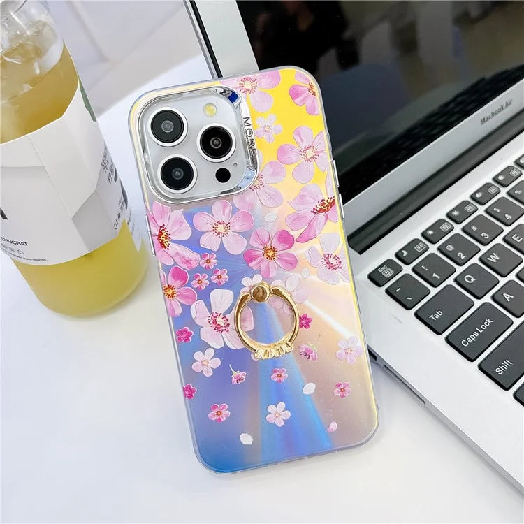 For iPhone 15 Pro Max Case Flower Pattern Laser Texture Phone Back Cover with Ring Kickstand3