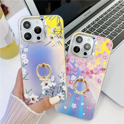 For iPhone 15 Pro Max Case Flower Pattern Laser Texture Phone Back Cover with Ring Kickstand3