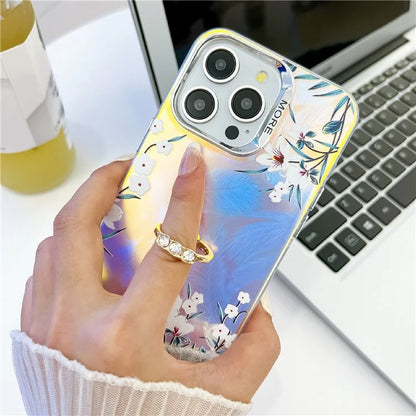 For iPhone 15 Pro Max Case Flower Pattern Laser Texture Phone Back Cover with Ring Kickstand3