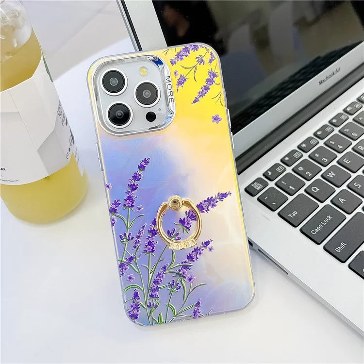 For iPhone 15 Pro Max Case Flower Pattern Laser Texture Phone Back Cover with Ring Kickstand4