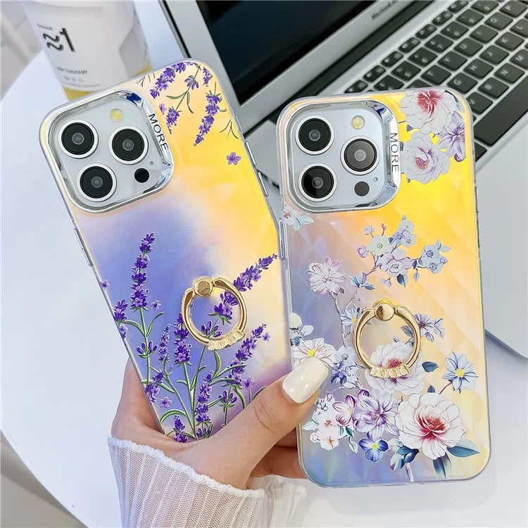 For iPhone 15 Pro Max Case Flower Pattern Laser Texture Phone Back Cover with Ring Kickstand4