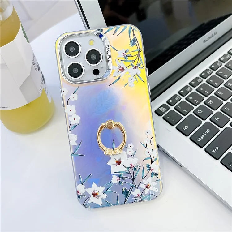 For iPhone 15 Pro Max Case Flower Pattern Laser Texture Phone Back Cover with Ring Kickstand6