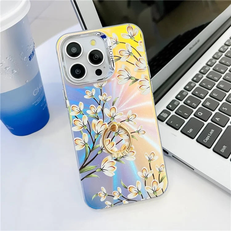 For iPhone 15 Pro Max Case Flower Pattern Laser Texture Phone Back Cover with Ring Kickstand7
