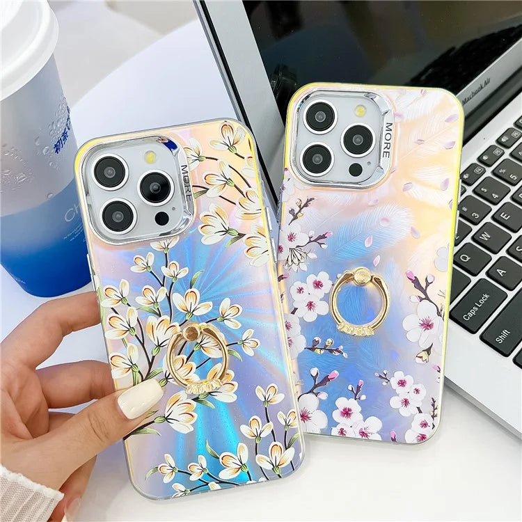 For iPhone 15 Pro Max Case Flower Pattern Laser Texture Phone Back Cover with Ring Kickstand7