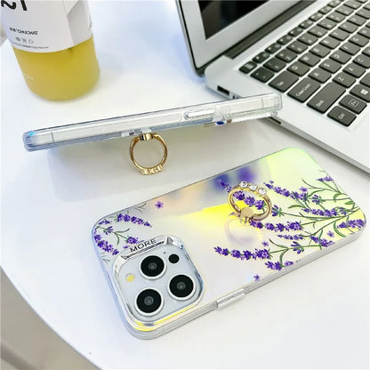 For iPhone 15 Pro Max Case Flower Pattern Laser Texture Phone Back Cover with Ring Kickstand7