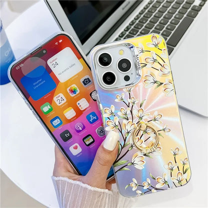 For iPhone 15 Pro Max Case Flower Pattern Laser Texture Phone Back Cover with Ring Kickstand7