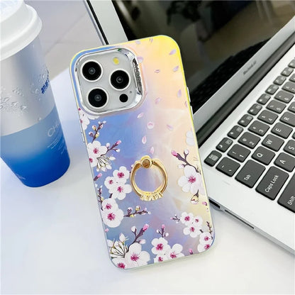 For iPhone 15 Pro Max Case Flower Pattern Laser Texture Phone Back Cover with Ring Kickstand8