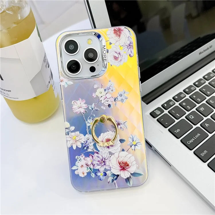 For iPhone 15 Pro Max Case Flower Pattern Laser Texture Phone Back Cover with Ring Kickstand5