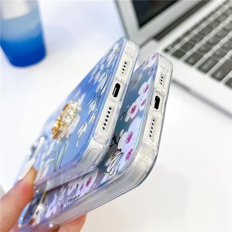 For iPhone 15 Pro Max Case Flower Pattern Laser Texture Phone Back Cover with Ring Kickstand5