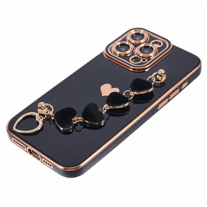 For iPhone 13 Pro Case Electroplating Edge Heart Pattern TPU Phone Cover with Strap