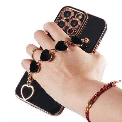 For iPhone 13 Pro Case Electroplating Edge Heart Pattern TPU Phone Cover with Strap