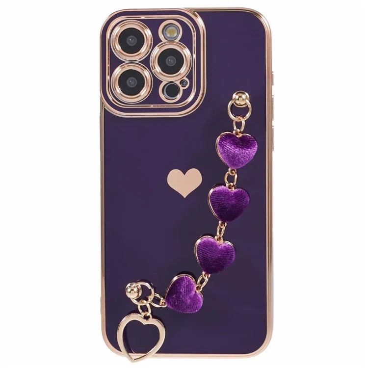 For iPhone 13 Pro Case Electroplating Edge Heart Pattern TPU Phone Cover with Strap