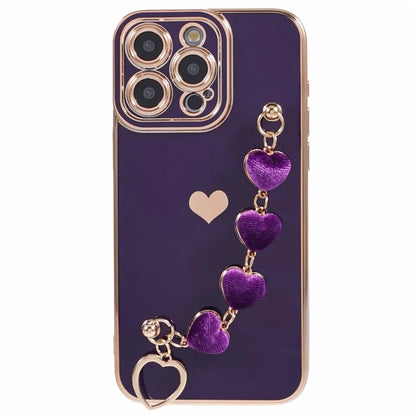 For iPhone 13 Pro Case Electroplating Edge Heart Pattern TPU Phone Cover with Strap