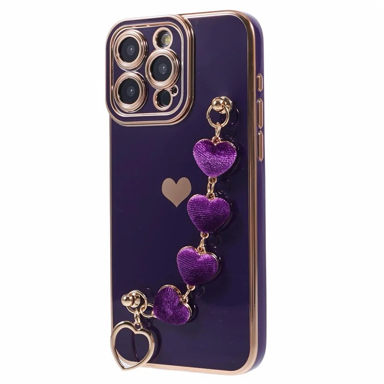 For iPhone 13 Pro Case Electroplating Edge Heart Pattern TPU Phone Cover with Strap