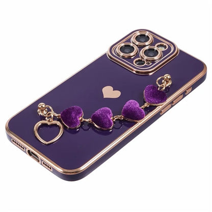 For iPhone 13 Pro Case Electroplating Edge Heart Pattern TPU Phone Cover with Strap