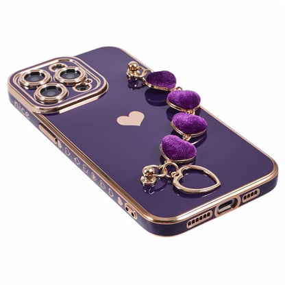 For iPhone 13 Pro Case Electroplating Edge Heart Pattern TPU Phone Cover with Strap