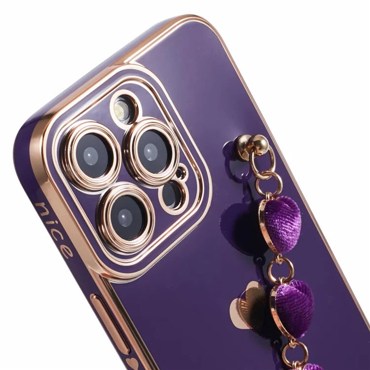 For iPhone 13 Pro Case Electroplating Edge Heart Pattern TPU Phone Cover with Strap