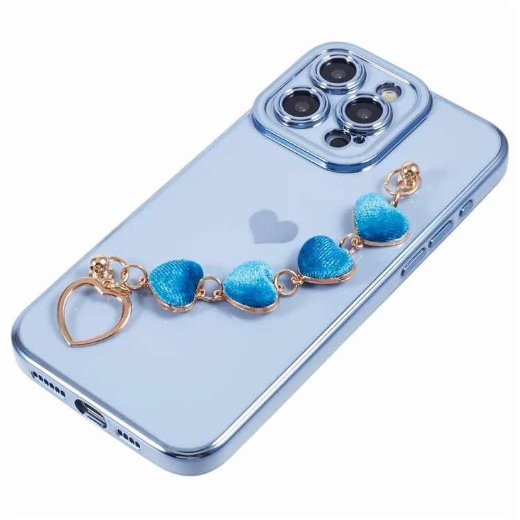 For iPhone 13 Pro Case Electroplating Edge Heart Pattern TPU Phone Cover with Strap