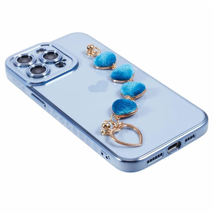 For iPhone 13 Pro Case Electroplating Edge Heart Pattern TPU Phone Cover with Strap