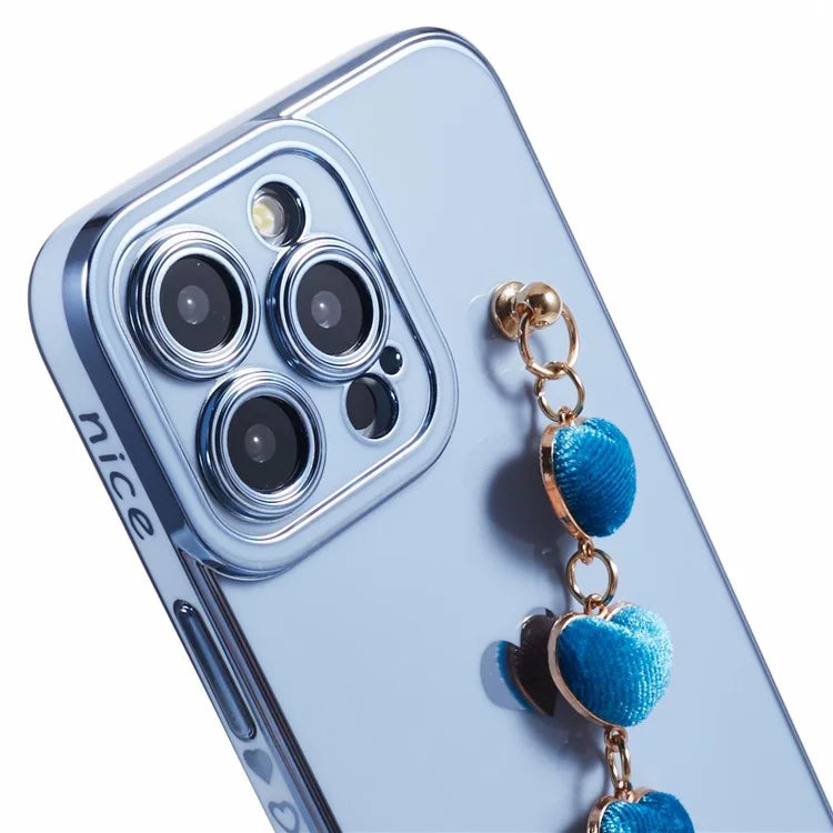 For iPhone 13 Pro Case Electroplating Edge Heart Pattern TPU Phone Cover with Strap
