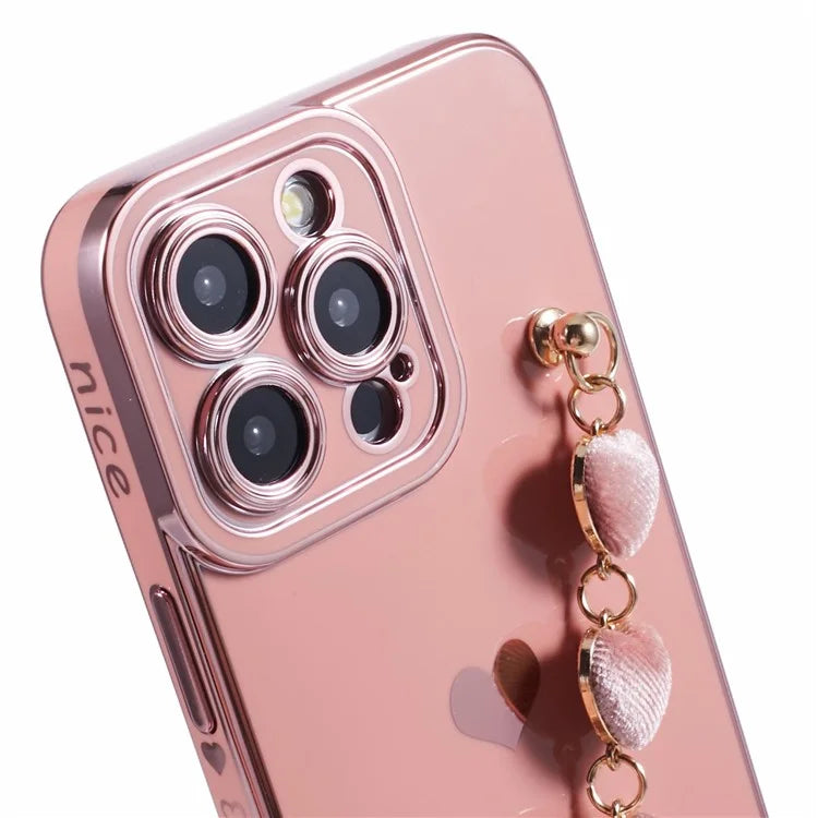 For iPhone 13 Pro Case Electroplating Edge Heart Pattern TPU Phone Cover with Strap