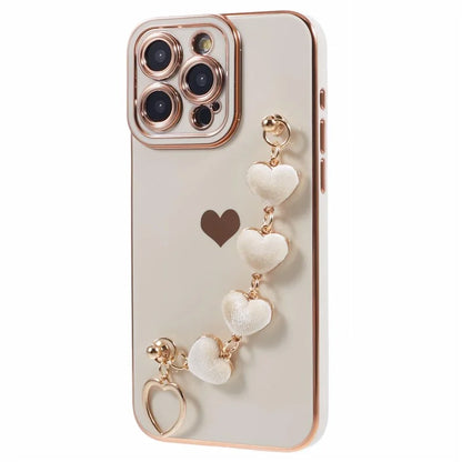 For iPhone 13 Pro Case Electroplating Edge Heart Pattern TPU Phone Cover with Strap