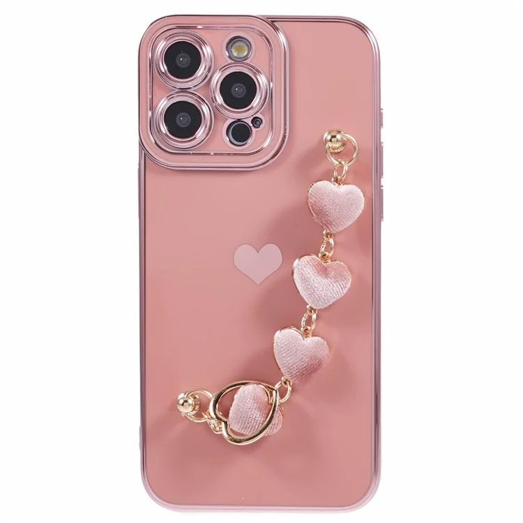 For iPhone 15 Pro Case Electroplating TPU Phone Cover with Heart Chain Strap