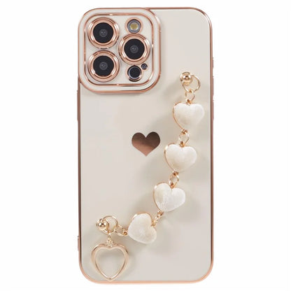 For iPhone 15 Pro Case Electroplating TPU Phone Cover with Heart Chain Strap
