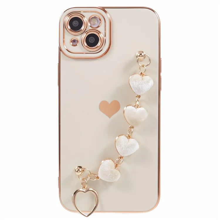 For iPhone 14 Case Electroplating Heart Pattern Soft TPU Phone Cover with Hand Strap