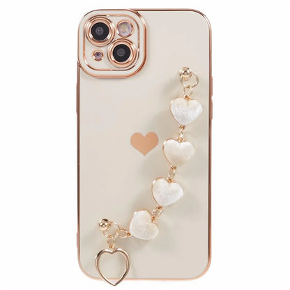 For iPhone 14 Case Electroplating Heart Pattern Soft TPU Phone Cover with Hand Strap