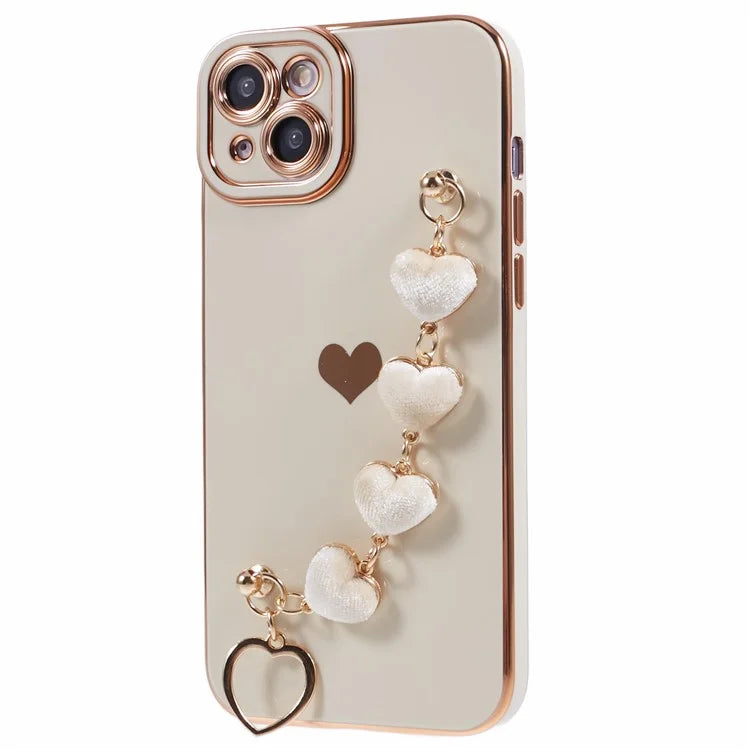 For iPhone 14 Case Electroplating Heart Pattern Soft TPU Phone Cover with Hand Strap