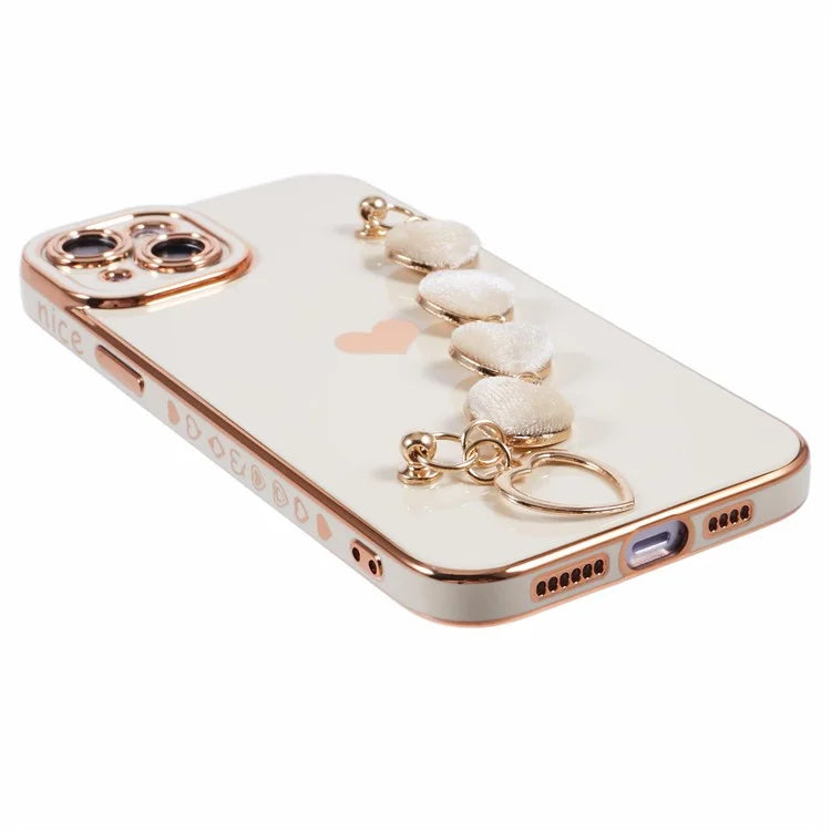 For iPhone 14 Case Electroplating Heart Pattern Soft TPU Phone Cover with Hand Strap