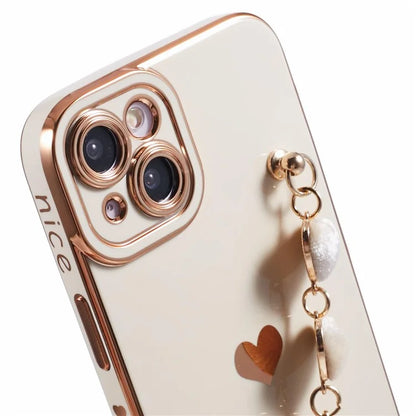 For iPhone 14 Case Electroplating Heart Pattern Soft TPU Phone Cover with Hand Strap