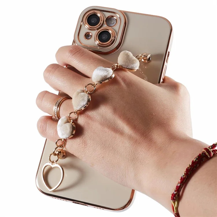 For iPhone 14 Case Electroplating Heart Pattern Soft TPU Phone Cover with Hand Strap