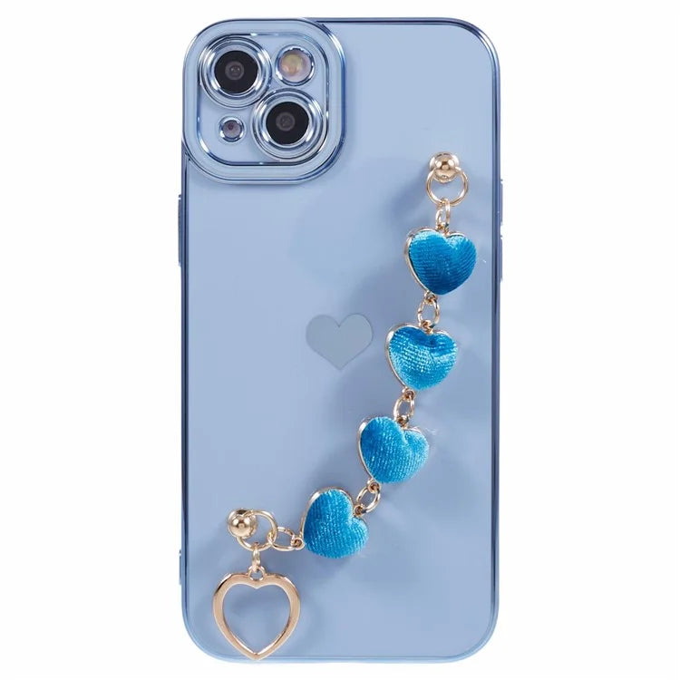 For iPhone 14 Case Electroplating Heart Pattern Soft TPU Phone Cover with Hand Strap