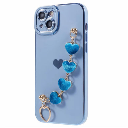 For iPhone 14 Case Electroplating Heart Pattern Soft TPU Phone Cover with Hand Strap