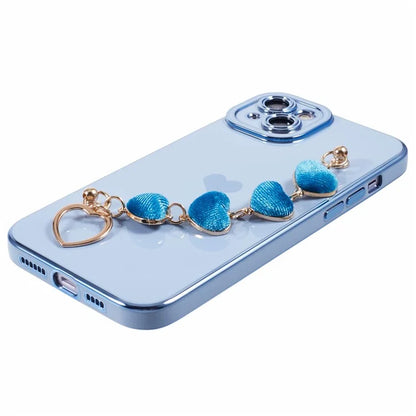 For iPhone 14 Case Electroplating Heart Pattern Soft TPU Phone Cover with Hand Strap