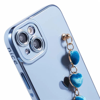 For iPhone 14 Case Electroplating Heart Pattern Soft TPU Phone Cover with Hand Strap